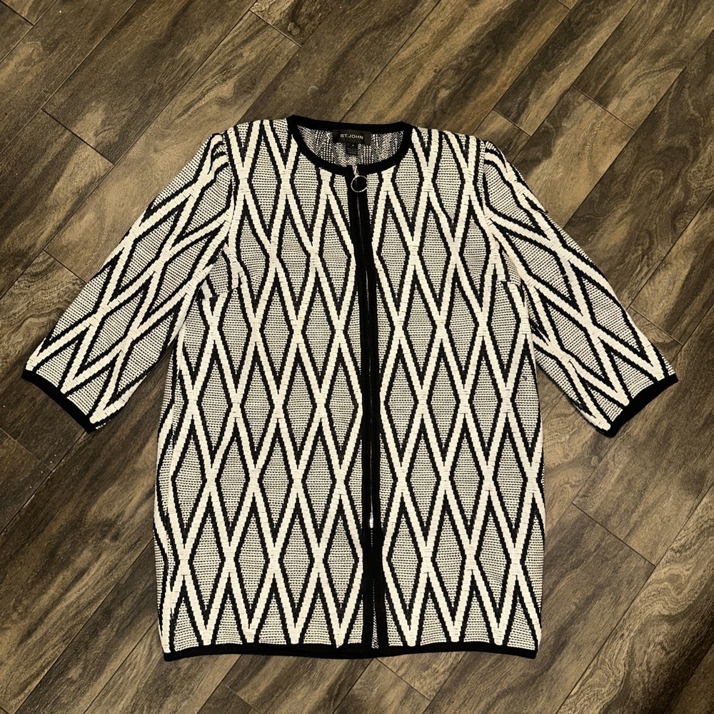 St. John Nisi Jacquard Knit Full-Zip Cardigan Women's Size M Diamond Pattern